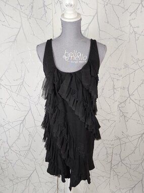 Doe & Rae Black Cotton Jersey Scoop Neck Ruffle Tunic Tank